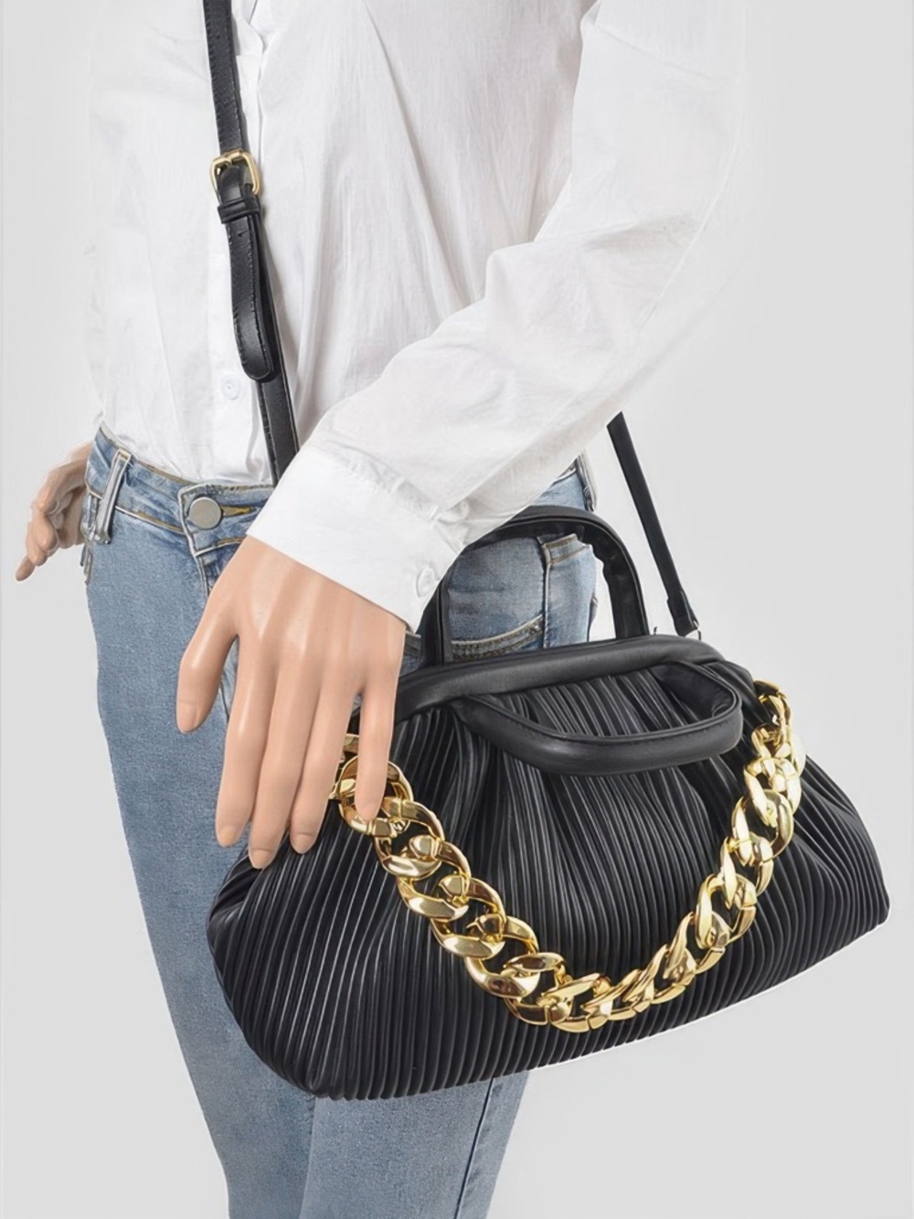 Pleated Faux Leather Top Handle Bag - Picture 5 of 5